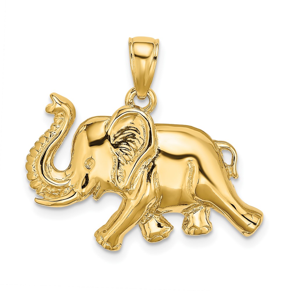 10k Yellow Gold 2-D Elephant Running W Raised Trunk Necklace Charm Pendant 743$